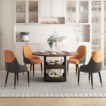 5-Piece Round Dining Table Set with Storage, with 4 PU Leather Chairs, Space Saving.