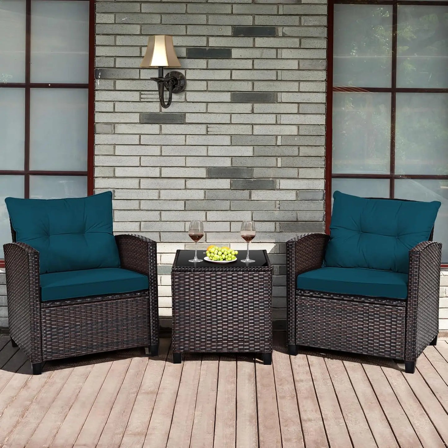 3 Pieces Patio Furniture Set, PE Rattan Wicker Outdoor Sofa Set w/Washable Cushion and Tempered Glass.