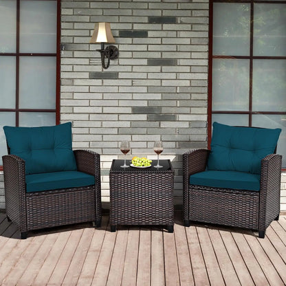 3 Pieces Patio Furniture Set, PE Rattan Wicker Outdoor Sofa Set w/Washable Cushion and Tempered Glass.