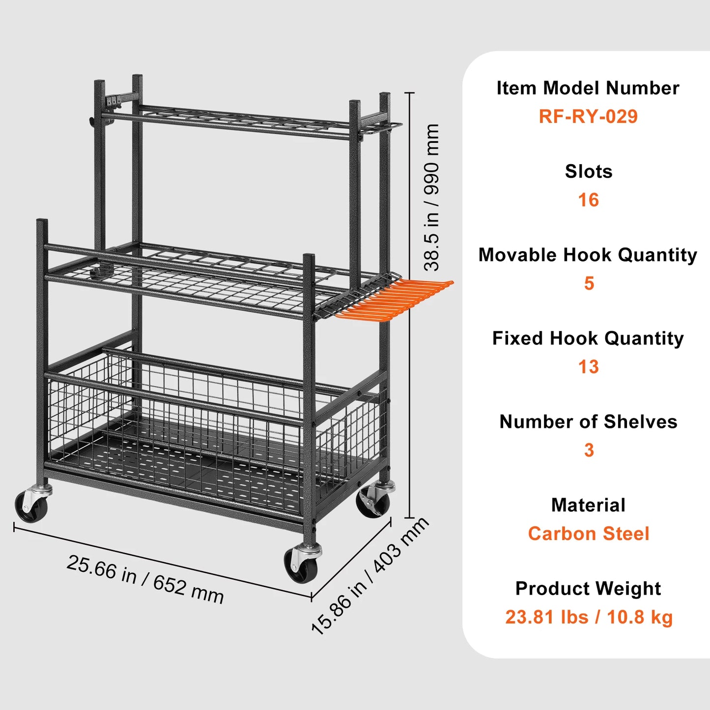 16 Slots Garden Tool Organizer Yard Tool Tower Rack with Hooks, Wheels for Garage Storage