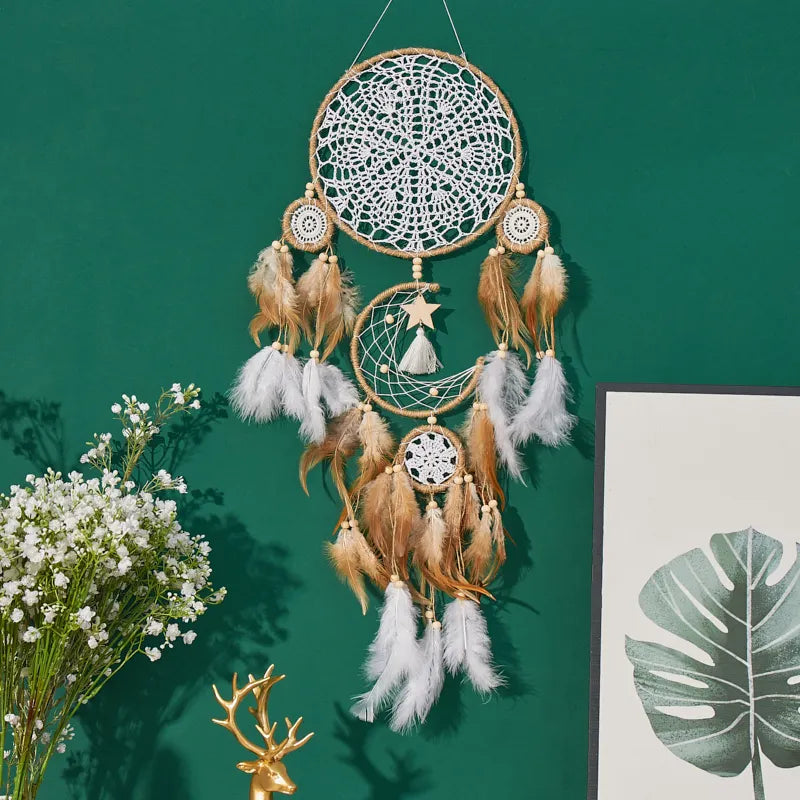 5-piece large Dream Catcher, handcrafted Moon Dream Chaser, Bohemian wall, Bedside decoration