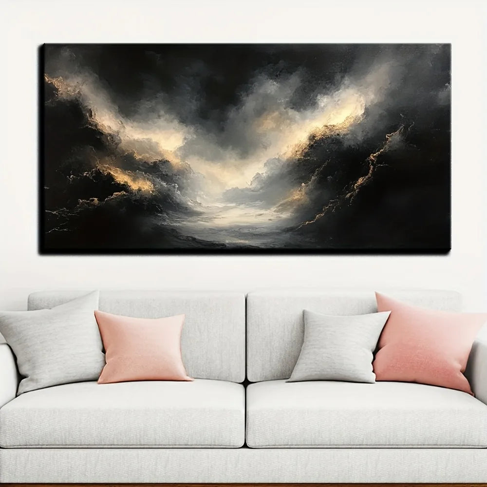 Abstract black gold texture modern art oil painting, pine solid wood frame.