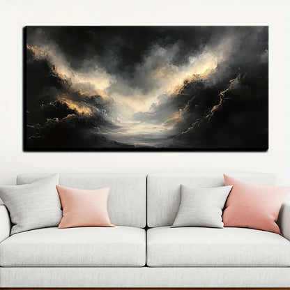 Abstract black gold texture modern art oil painting, pine solid wood frame.