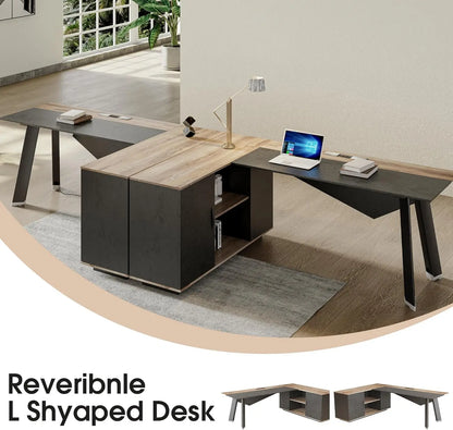 63in L-Shaped Executive Desk with 47" lateral File Cabinet/Storage Shelves Business Table Computer Home Office