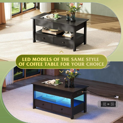 Lift Top Coffee Table with 2 Drawers, Large Storage and Open Shelf for Living Room in Black