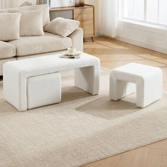 40.5" Wide Upholstered End of Bed Bench with 2 Small Stools Sherpa Comfy Entry Bench Vanity Stools.