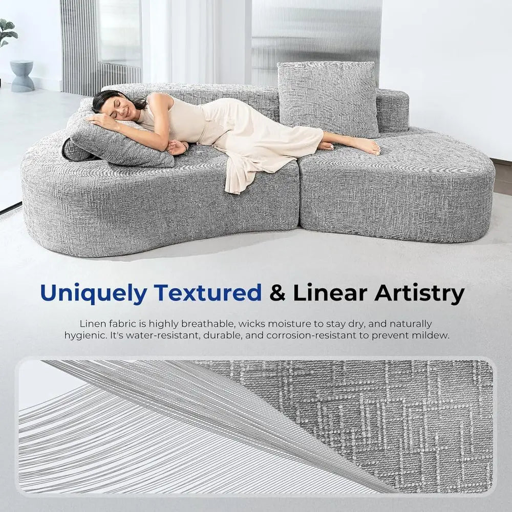 Curved Sofa with Modern Design, Light Grey, 4-Seat Living Room Set- 2 Pillows.