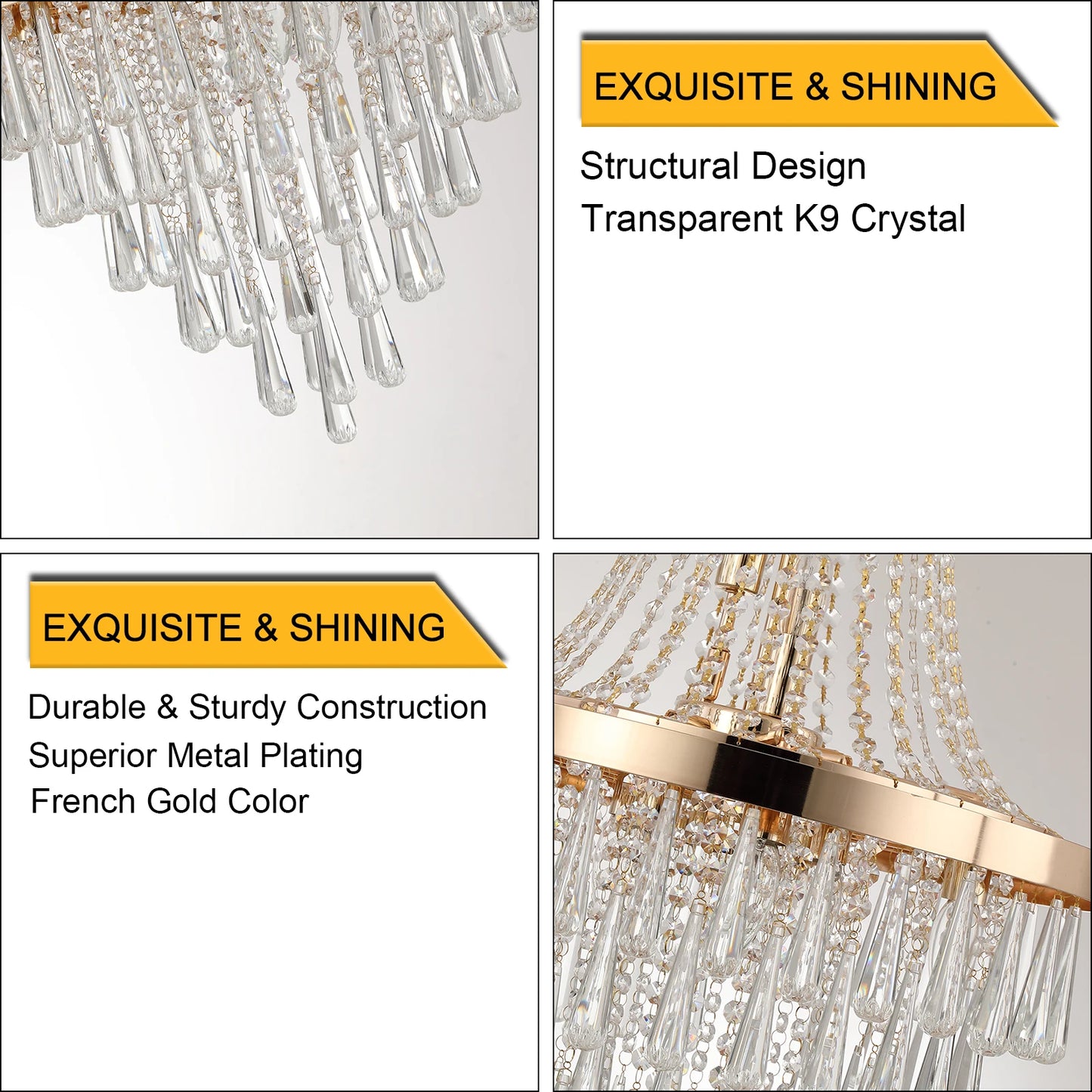 Large Luxury Gold Crystal Chandelier, Dazzling K9 Crystals, Superior Metal Finish,