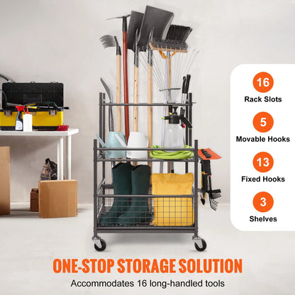 16 Slots Garden Tool Organizer Yard Tool Tower Rack with Hooks, Wheels for Garage Storage
