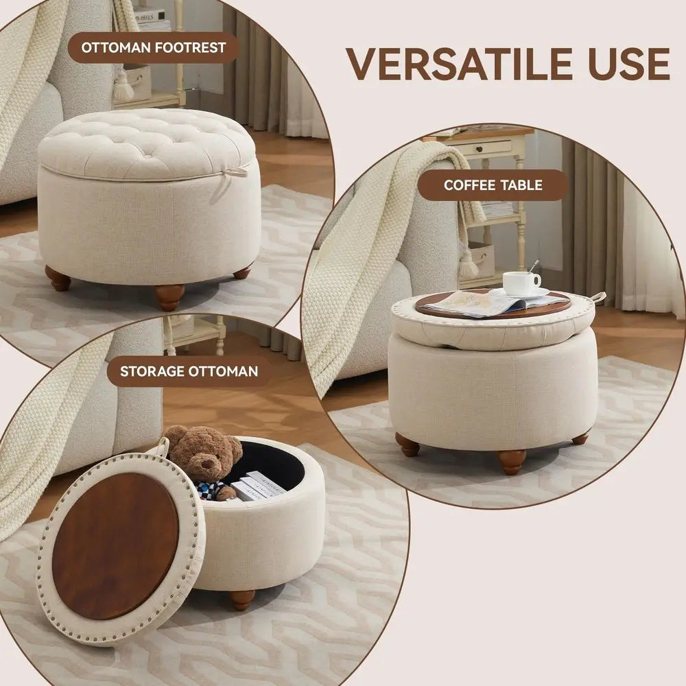 Round Storage Ottoman with Tray, Modern Tufted Fabric Circle Coffee Table with Storage, Removable Top.