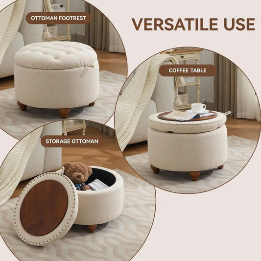 Round Storage Ottoman with Tray, Modern Tufted Fabric Circle Coffee Table with Storage, Removable Top.