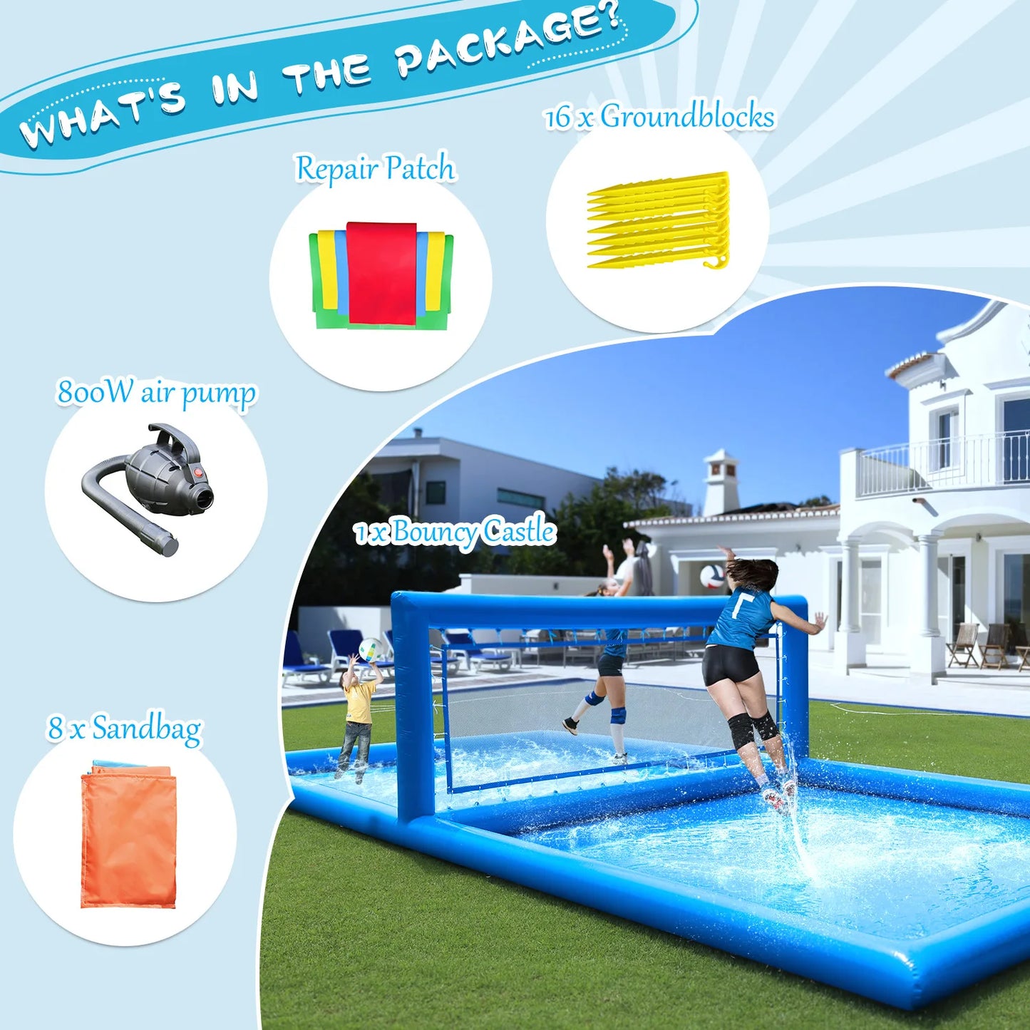 33ft Inflatable Volleyball Court Outdoor Water Pool for Sports Game, children's playground.