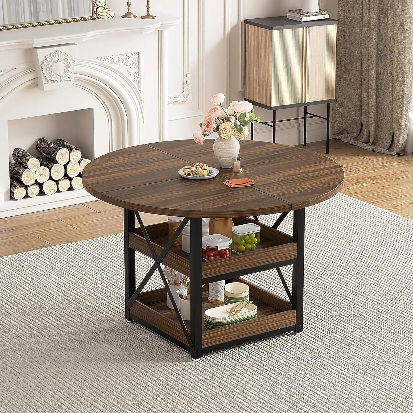 5-Piece Round Dining Table Set with Storage, with 4 PU Leather Chairs, Space Saving.
