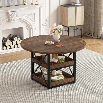 5-Piece Round Dining Table Set with Storage, with 4 PU Leather Chairs, Space Saving.