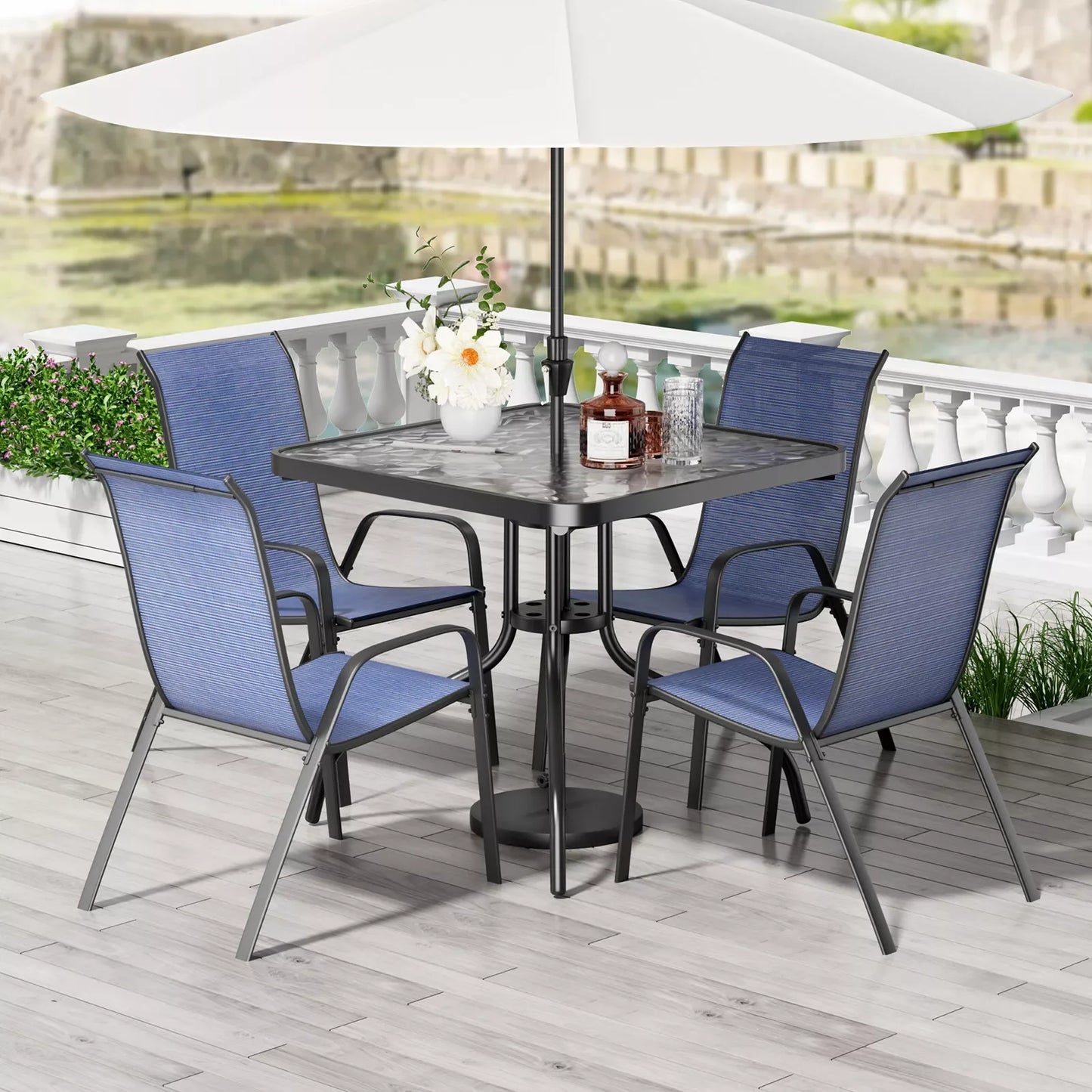 Patio Dining Set 5 Pieces, All Weather Outdoor Furniture W/ 30"x30" Table and 4 Stackable Chairs.