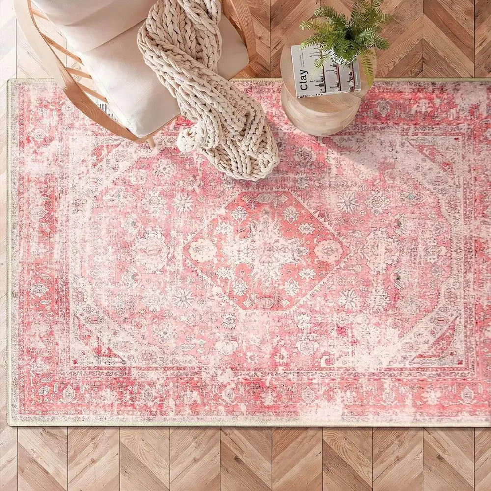 3x5 Feet Washable Bohemian Pink Area Rug for Girls' Bedroom, Cute Non-Slip Carpet.