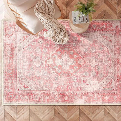3x5 Feet Washable Bohemian Pink Area Rug for Girls' Bedroom, Cute Non-Slip Carpet.
