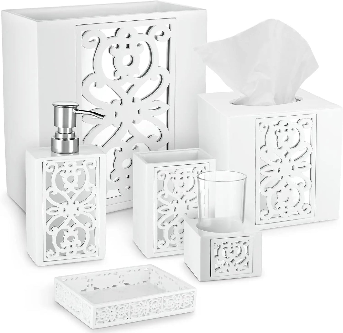 6-Piece Bathroom Accessories Set with Soap Dispenser, Toothbrush Holder, Cup, Dish, Tissue Cover, and Wastebasket