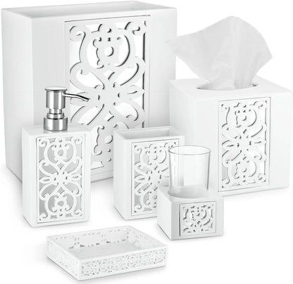 6-Piece Bathroom Accessories Set with Soap Dispenser, Toothbrush Holder, Cup, Dish, Tissue Cover, and Wastebasket