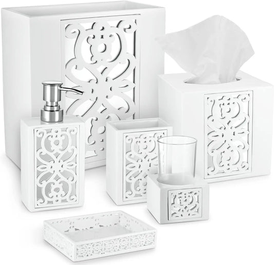 6-Piece Bathroom Accessories Set with Soap Dispenser, Toothbrush Holder, Cup, Dish, Tissue Cover, and Wastebasket