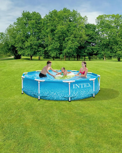 Large Round Above Ground Swimming Pool with Reinforced Sidewalls and Metal Frame.