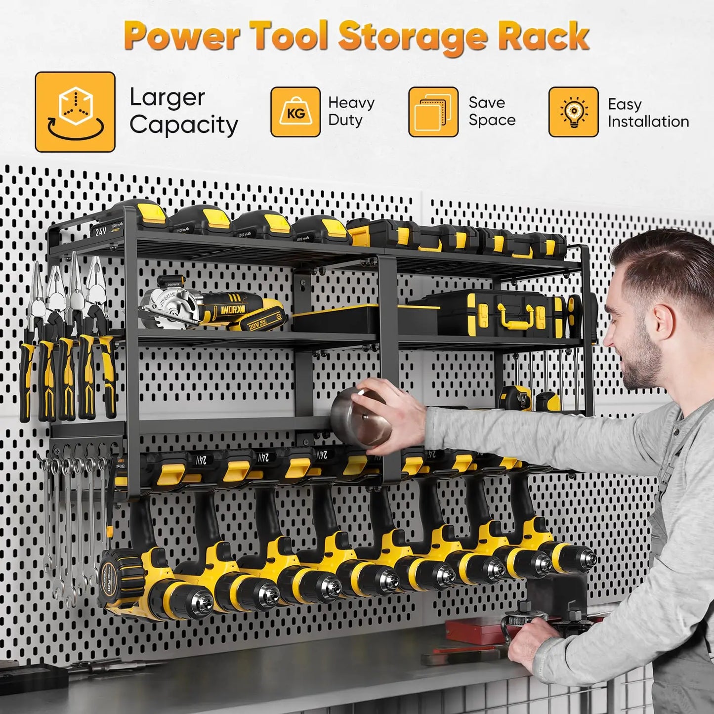 Power Tool Organizer Wall Mount, Extended Large Heavy Duty Drill Holder, 4 Layer Garage and Storage.