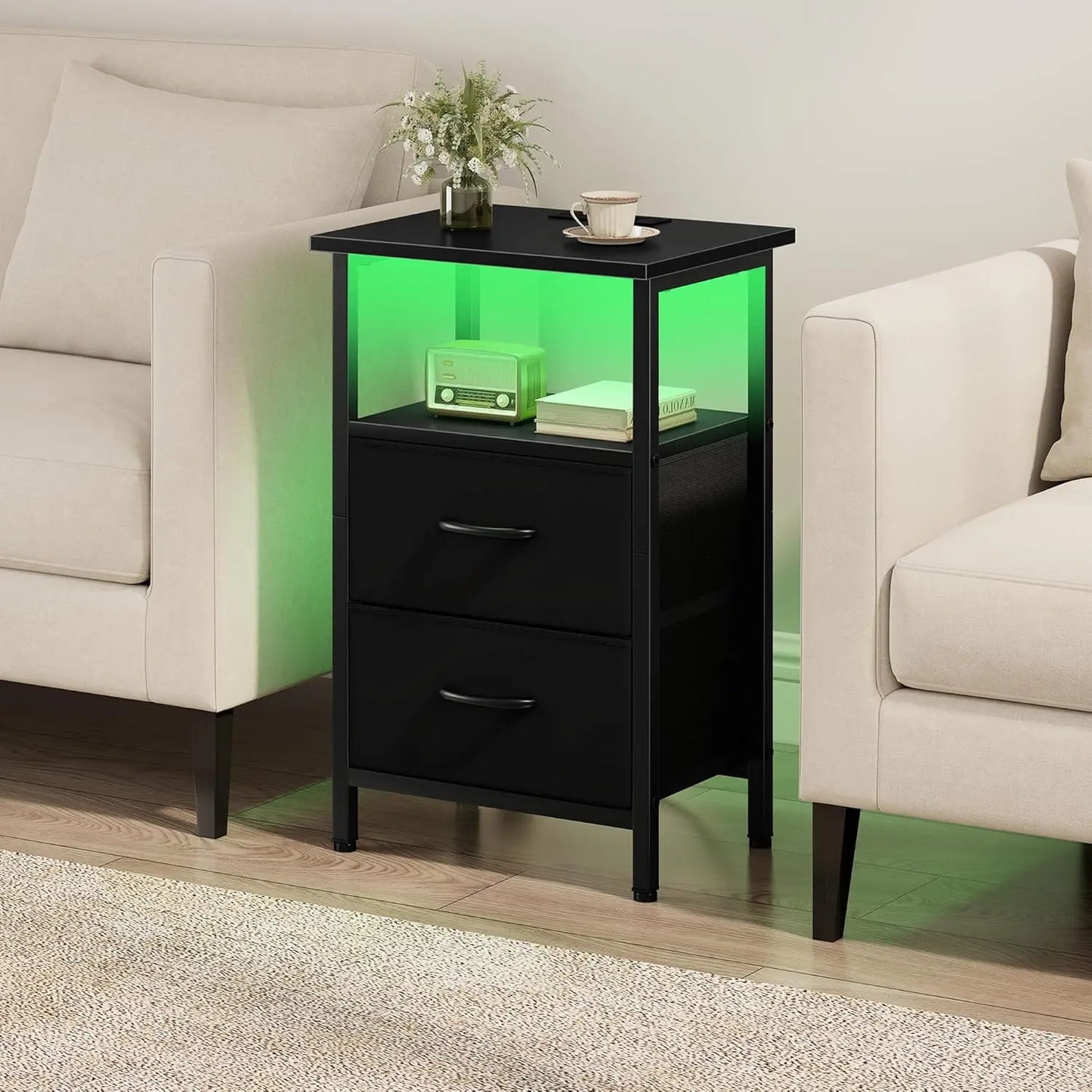 2-Piece Nightstand Set with LED Lights & Charging Station, 2 Fabric Drawers & Storage Shelves.