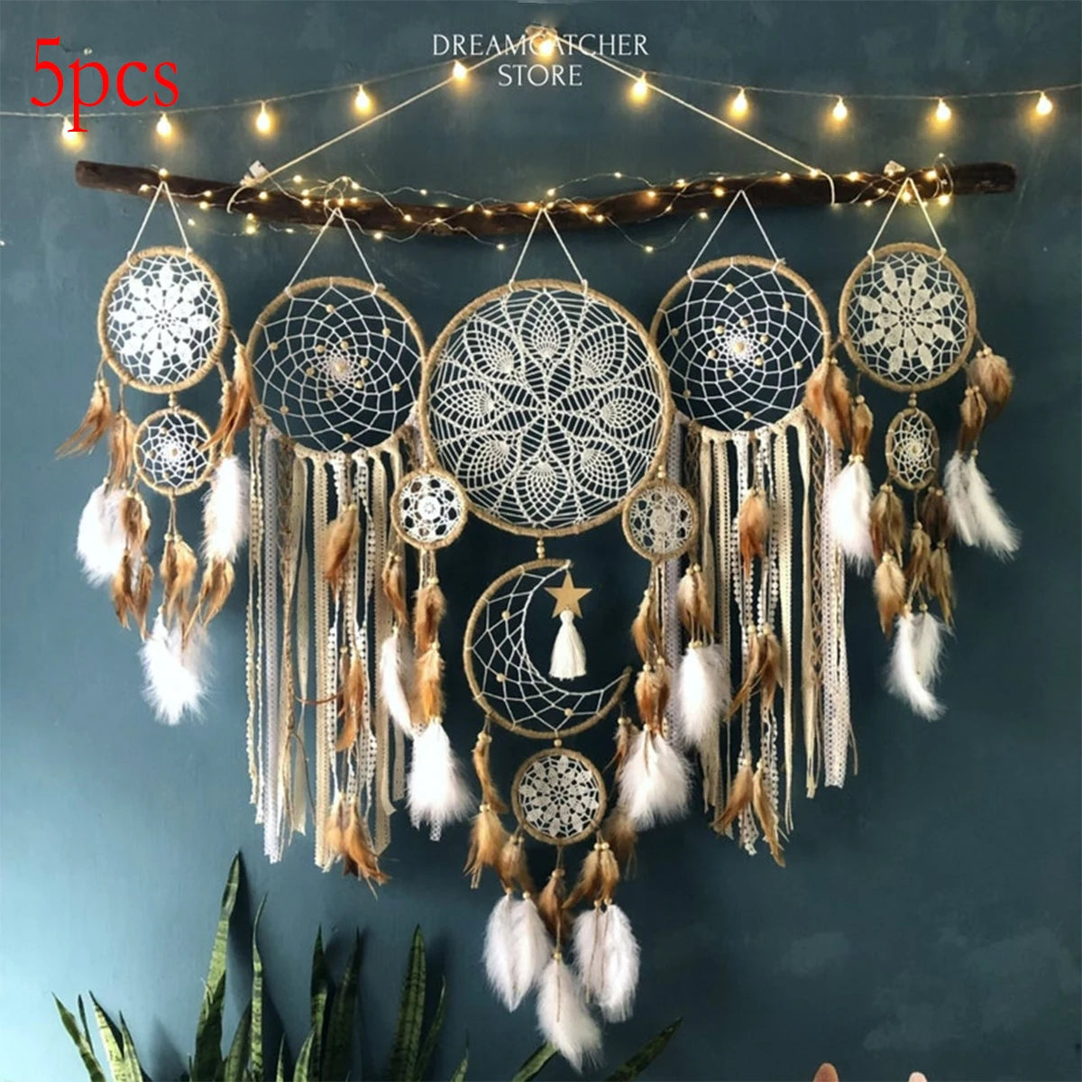 5-piece large Dream Catcher, handcrafted Moon Dream Chaser, Bohemian wall, Bedside decoration