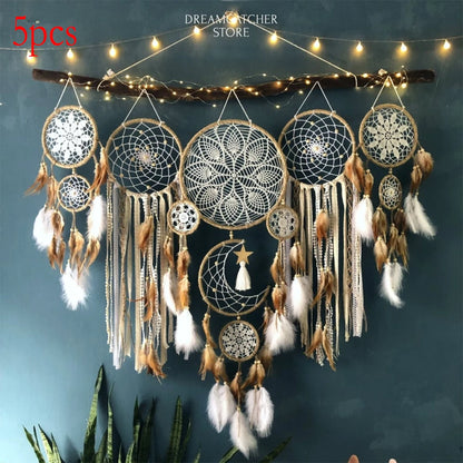 5-piece large Dream Catcher, handcrafted Moon Dream Chaser, Bohemian wall, Bedside decoration