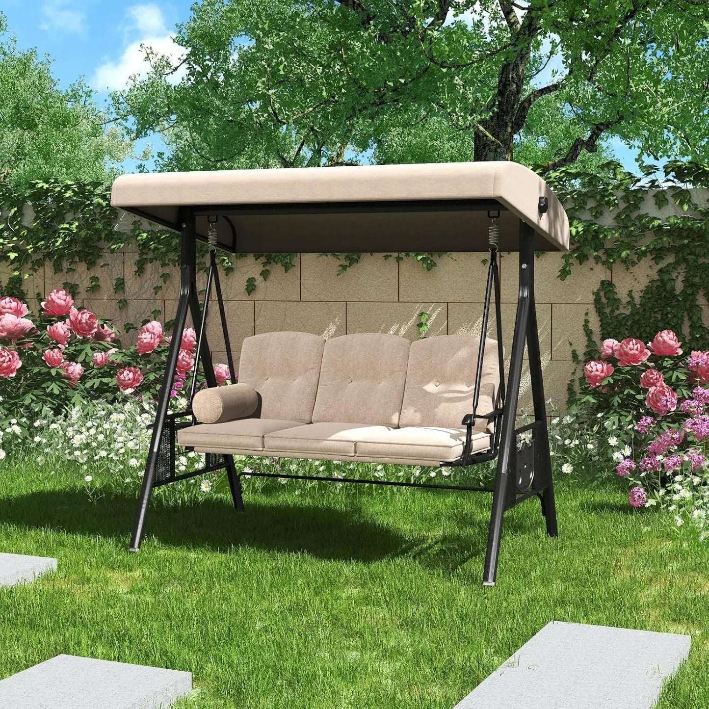 3-Seat Outdoor Porch Swing with Adjustable Canopy Removable, Adult Outdoor Swings for Porch.