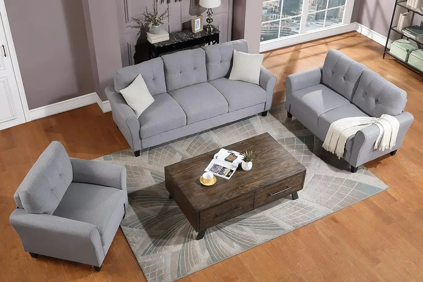 [Best Seller!]3-Piece Living Room Sectional Sofa Set, Modern Style Button Tufted Linen Loveseat & Sofa.
