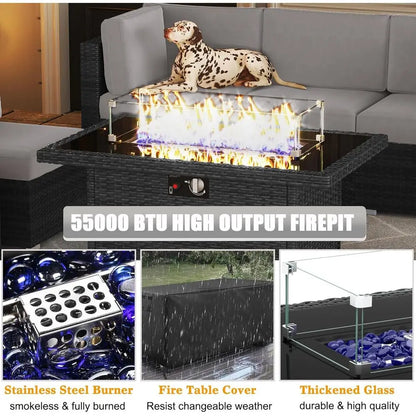 15-Piece Outdoor Patio Furniture Set with Fire Pit Table, Rattan Wicker Sectional Sofa with Coffee Table