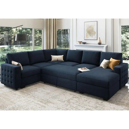 U-Shaped Sectional Sleeper Sofa with Pull-Out Bed, Storage, and Chaise Lounge, Velvet Blue, 6-Seat Living Room