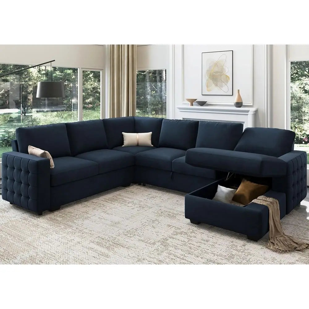 U-Shaped Sectional Sleeper Sofa with Pull-Out Bed, Storage, and Chaise Lounge, Velvet Blue, 6-Seat Living Room