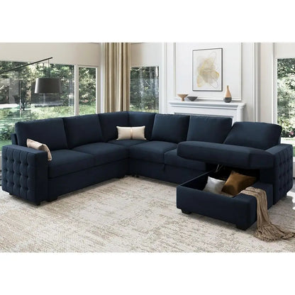 U-Shaped Sectional Sleeper Sofa with Pull-Out Bed, Storage, and Chaise Lounge, Velvet Blue, 6-Seat Living Room