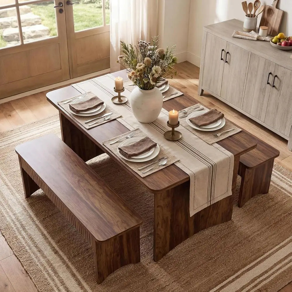 55" Dining Table with 2 Benches, Dining Table Set or 4-6 People.