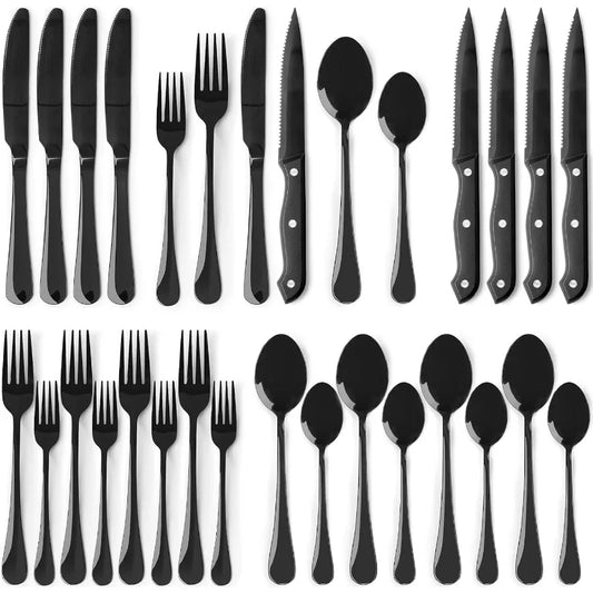 24Piece Black Silverware Set with Steak Knives, Stainless Steel Cutlery Set Mirror Polished Utensils.