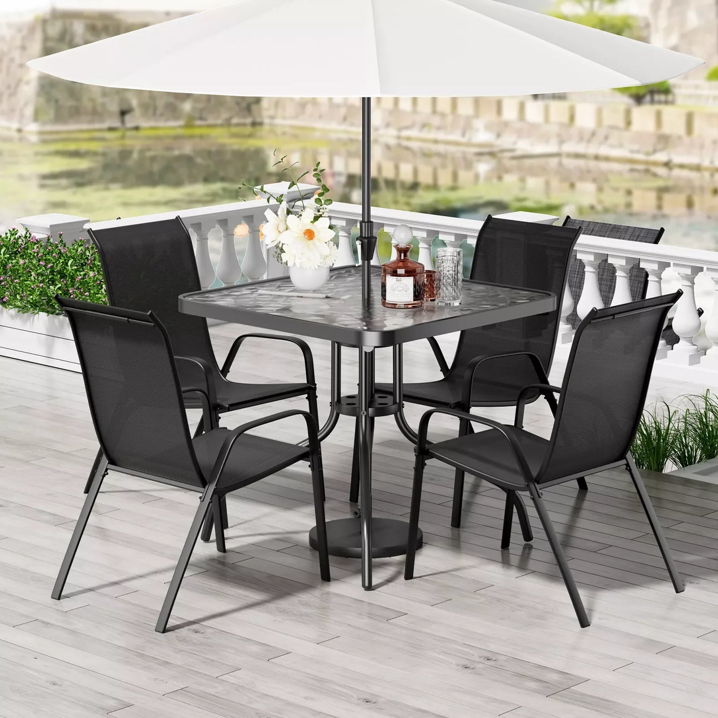 Patio Dining Set 5 Pieces, All Weather Outdoor Furniture W/ 30"x30" Table and 4 Stackable Chairs.