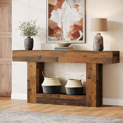 Tribe signs 63" Console Table, Farmhouse 2-Tier Entryway Table with U-Shaped Base, Narrow.