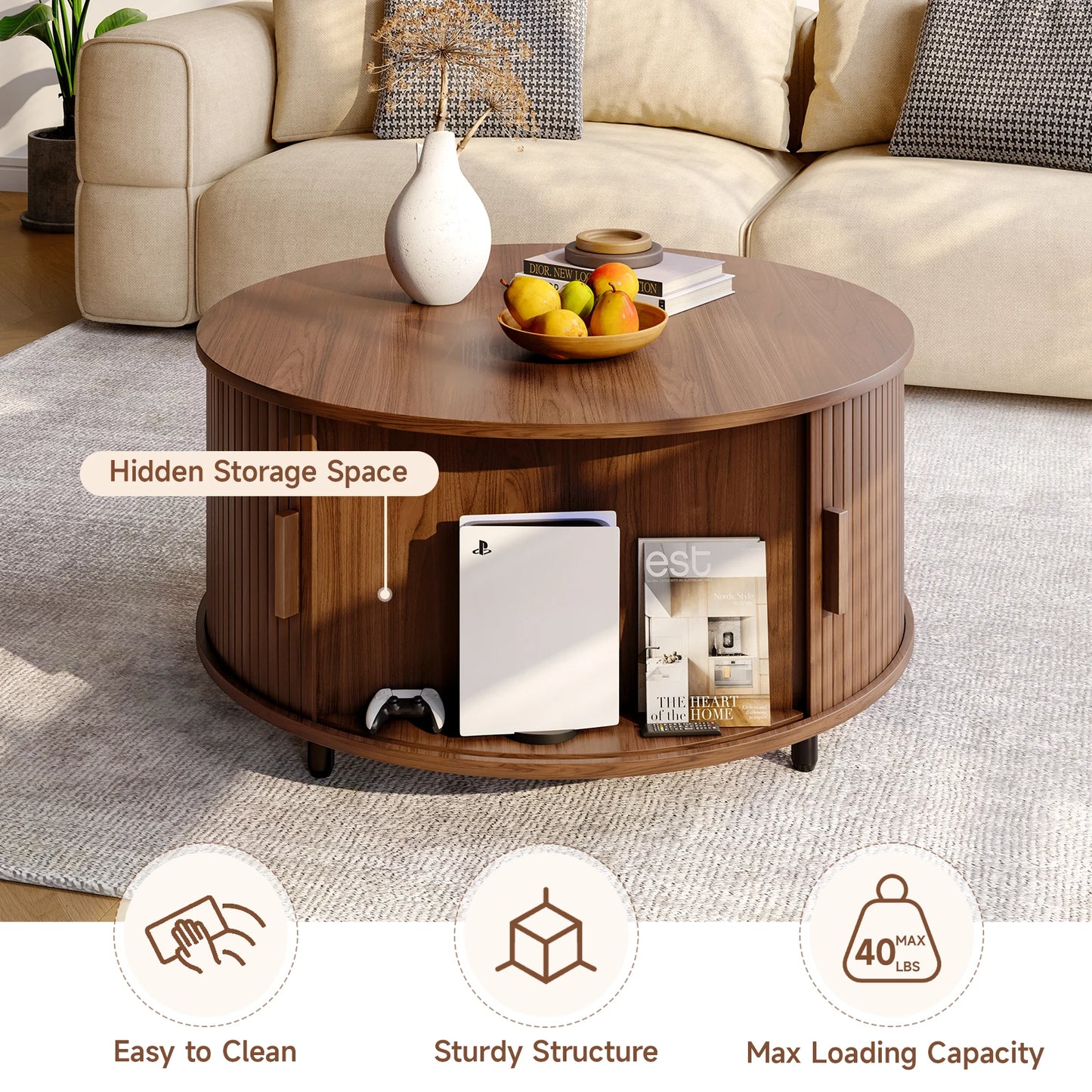 Round Coffee Table with Storage,31.5" 360° Curved Sliding Door, Fluted Wood Accent Coffee Table