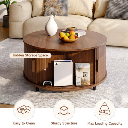 Round Coffee Table with Storage,31.5" 360° Curved Sliding Door, Fluted Wood Accent Coffee Table
