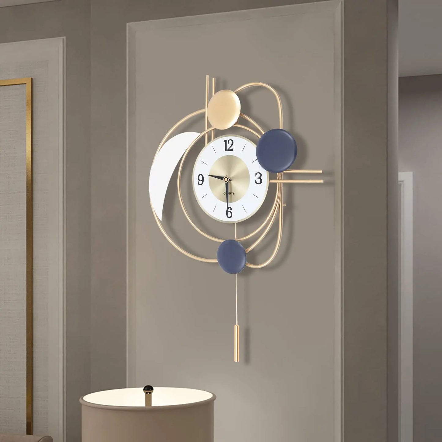 Large Modern Metal Wall Clocks Luxury Silent Hanging Clock with Swing Pendulum, Wall Art Decor.
