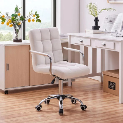 White Desk Chairs with Wheels/Armrests Modern PU Leather Office Chair Midback Adjustable Home Executive Chair 360°