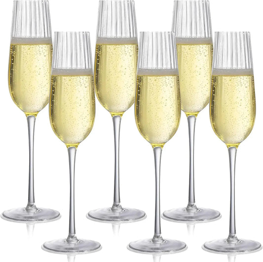 6-Pack Ribbed Wine Glasses, Vintage Stemmed Champagne & Cocktail Glasses.