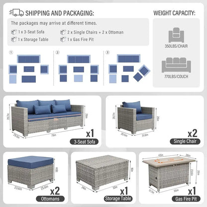 6-Piece Grey PE Rattan Outdoor Sectional Sofa Set with Fire Pit Table and Navy Blue Cushions