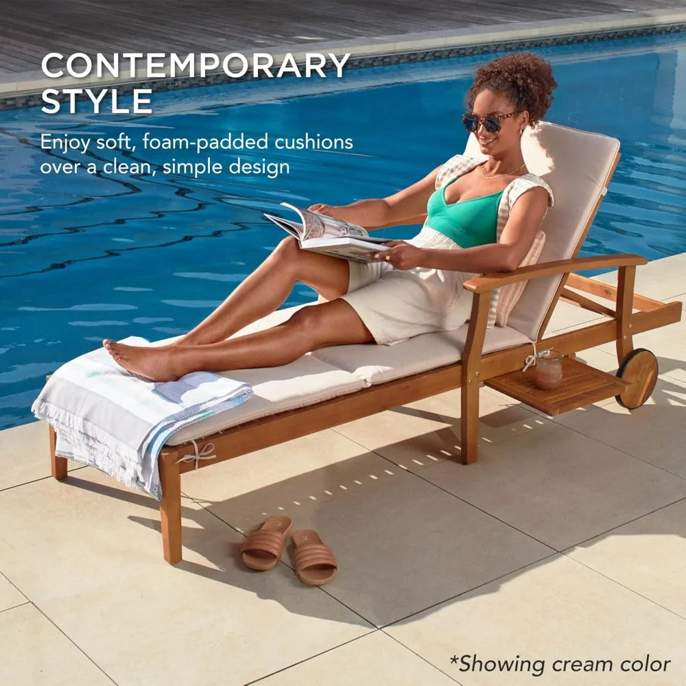 Acacia Wood Chaise Lounge Chair Recliner, Outdoor Furniture for Patio, Poolside w/Slide-Out Side Table.