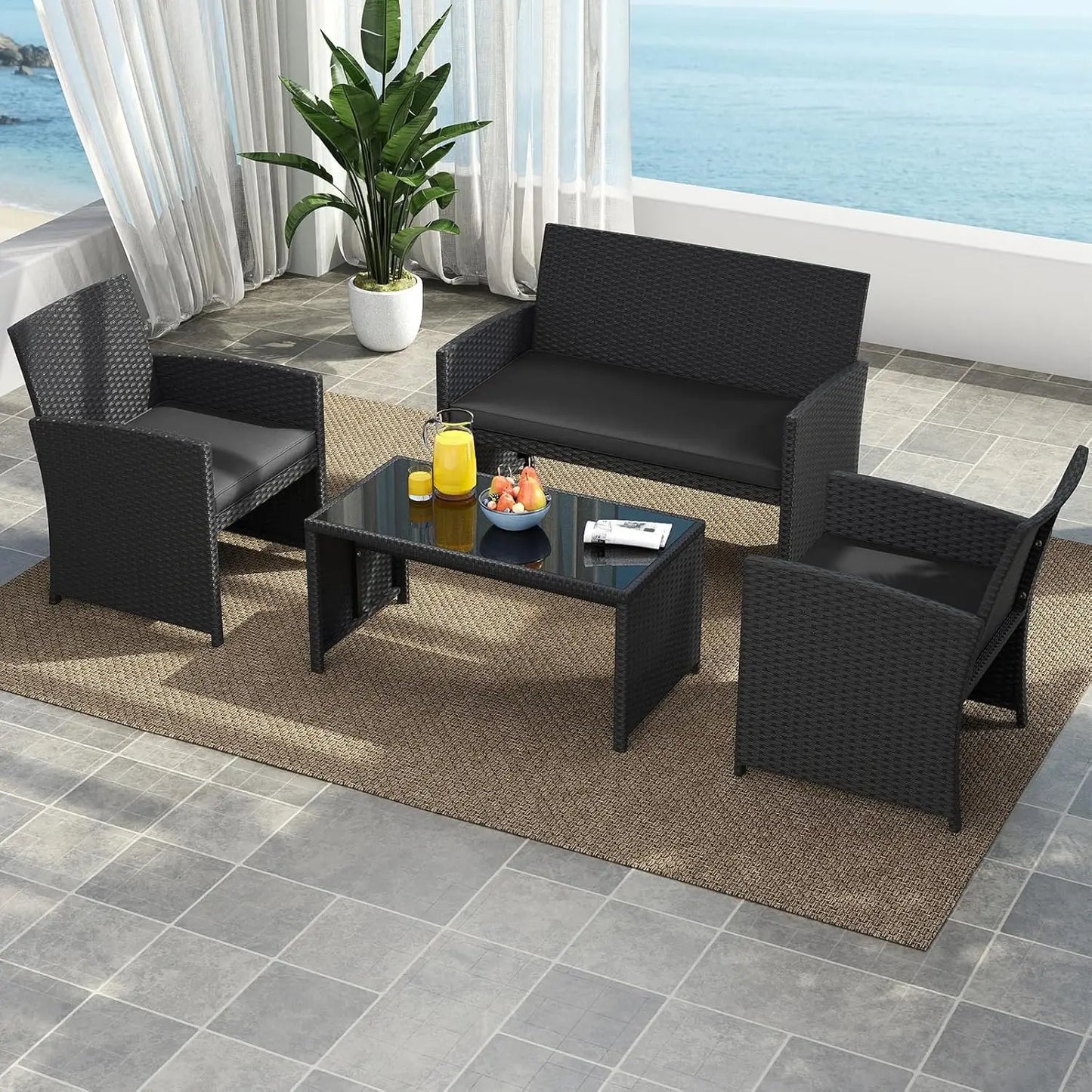 4 Pieces Patio Wicker Furniture Set, Rattan Cushioned Chairs, Loveseat and Tempered Glass Coffee.