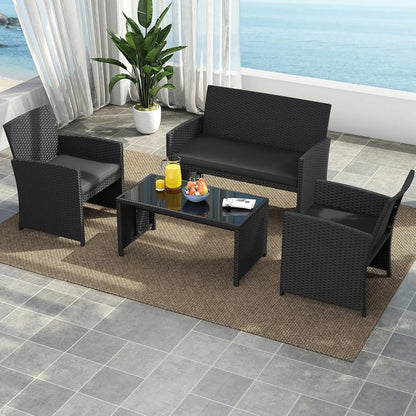 4 Pieces Patio Wicker Furniture Set, Rattan Cushioned Chairs, Loveseat and Tempered Glass Coffee.
