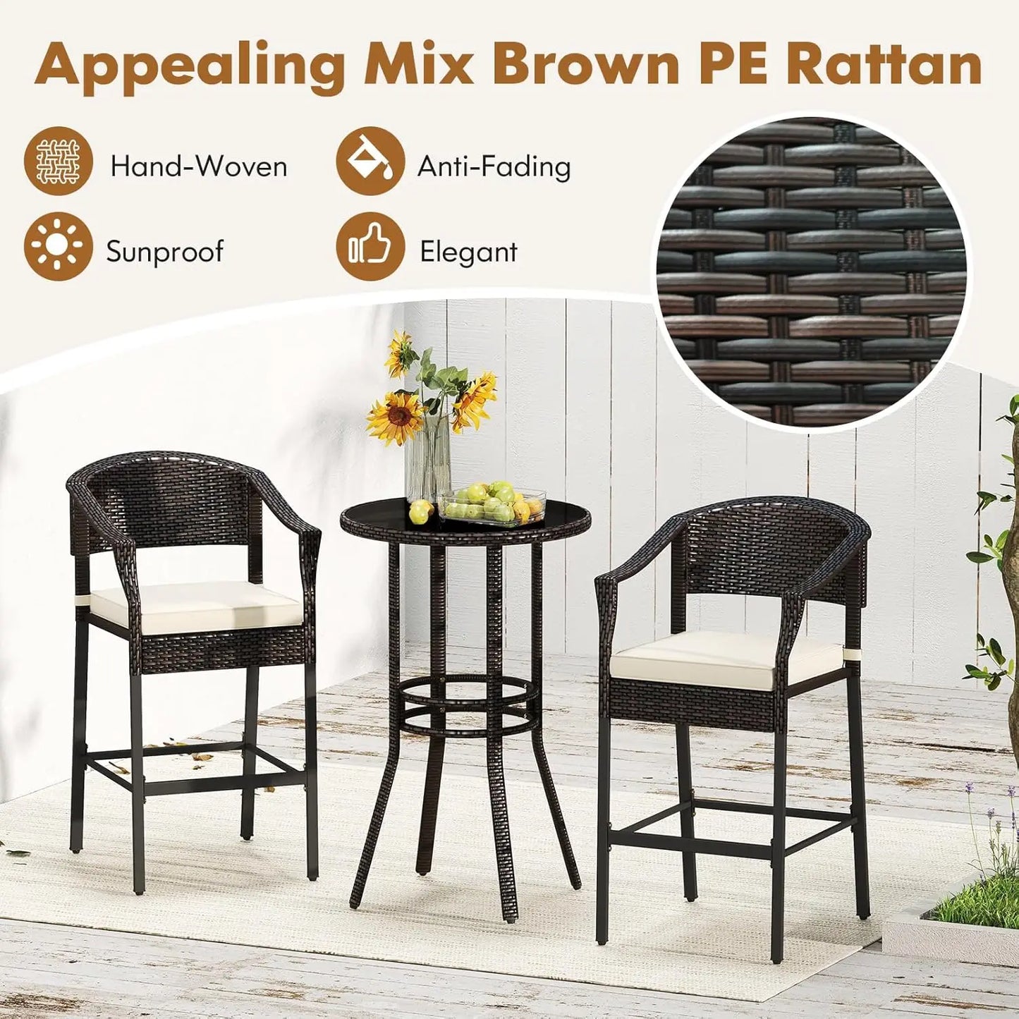 3-Piece Outdoor Bar Set - Patio Wicker Rattan Bar Height Barstools w/Cushions, Round Glass Top Table.