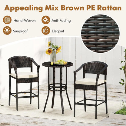 3-Piece Outdoor Bar Set - Patio Wicker Rattan Bar Height Barstools w/Cushions, Round Glass Top Table.